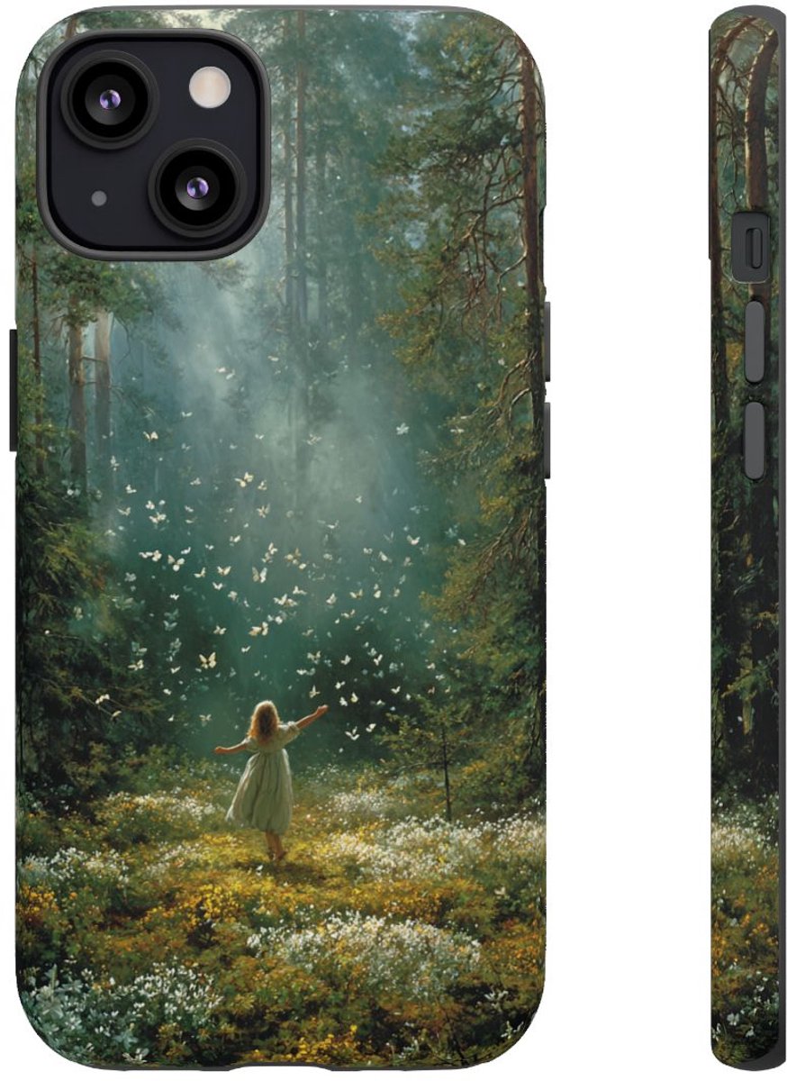 Meisje in Zonovergoten Bos met Vlinders – Telefoonhoesje Geschikt voor iPhone 13