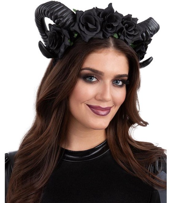 Diadeem met zwarte demonen horens en zwarte rozen.