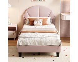 Gestoffeerd eenpersoonsbed 90x200 cm Roze - Velvet Peuterbed voor meisjes, kinderbed met verstelbaar hoofdeinde en lattenbodem, zonder matras