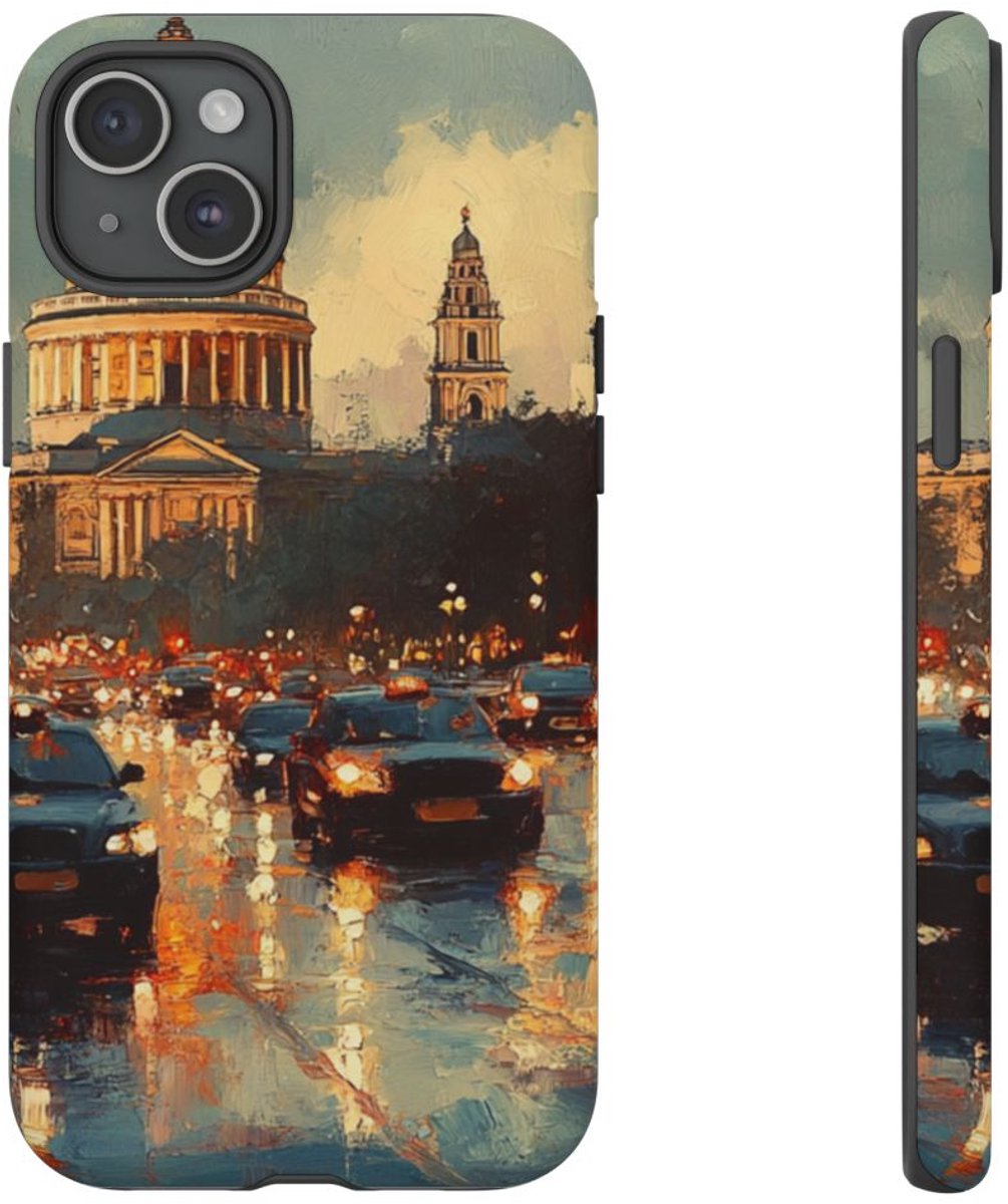 Stadsgezicht met Kathedraal bij Schemering – Telefoonhoesje Geschikt voor iPhone 15 Plus