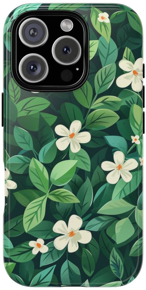 Groene Bladeren en Witte Bloemenpatroon – Telefoonhoesje Geschikt voor iPhone 16 Pro