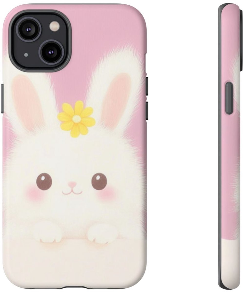 Schattig Wit Konijntje met Gele Bloem – Telefoonhoesje Geschikt voor 14 Plus