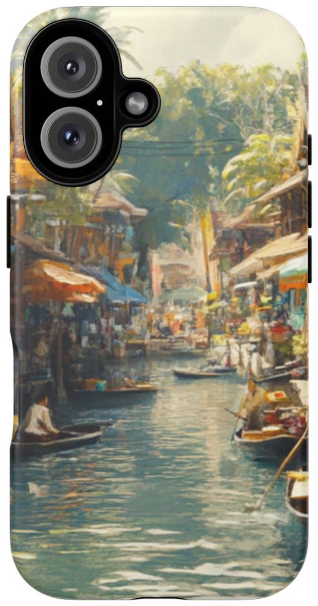 Levendige Watermarkt met Boten en Kraampjes – Telefoonhoesje Geschikt voor iPhone 16