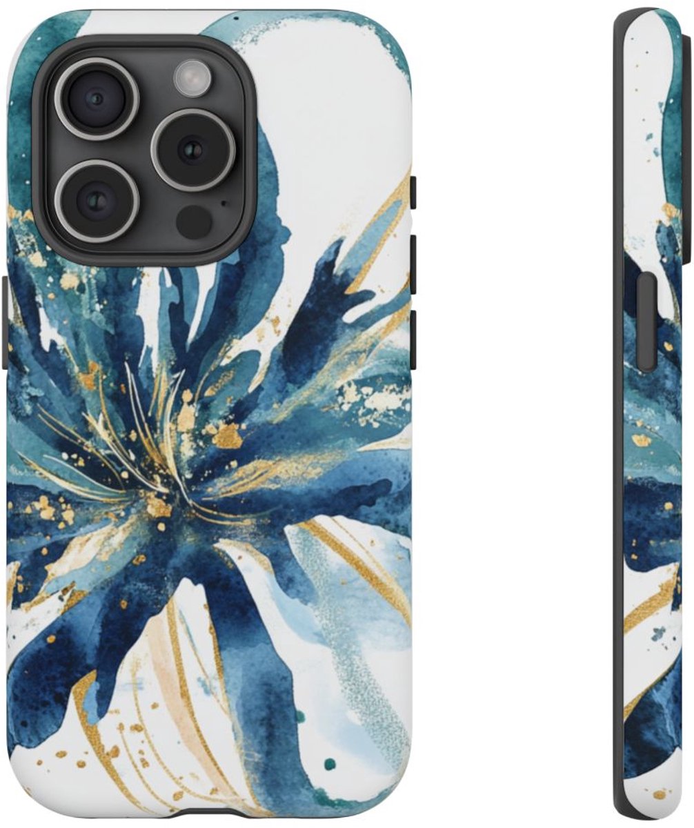 Abstracte Blauwe Bloemen Waterverfdesign – Telefoonhoesje Geschikt voor iPhone 15 Pro