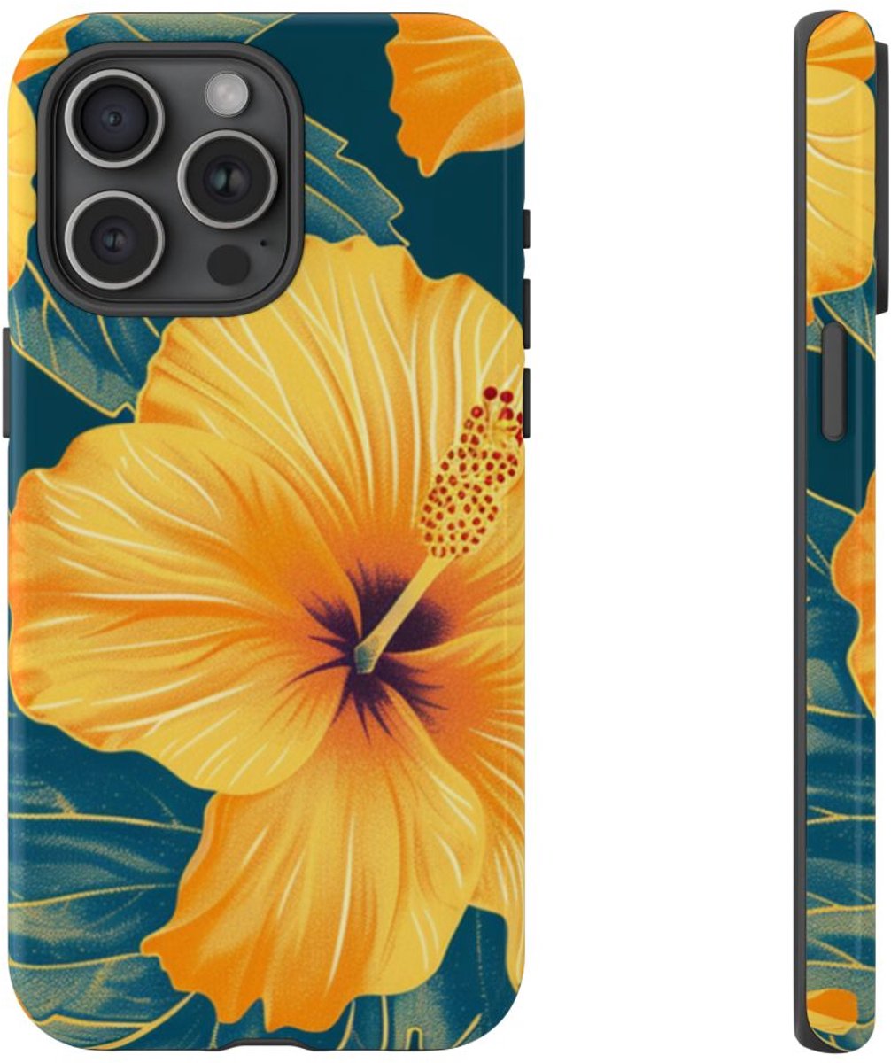 Gele Hibiscus Bloemenpatroon – Telefoonhoesje Geschikt voor iPhone 15 Pro Max