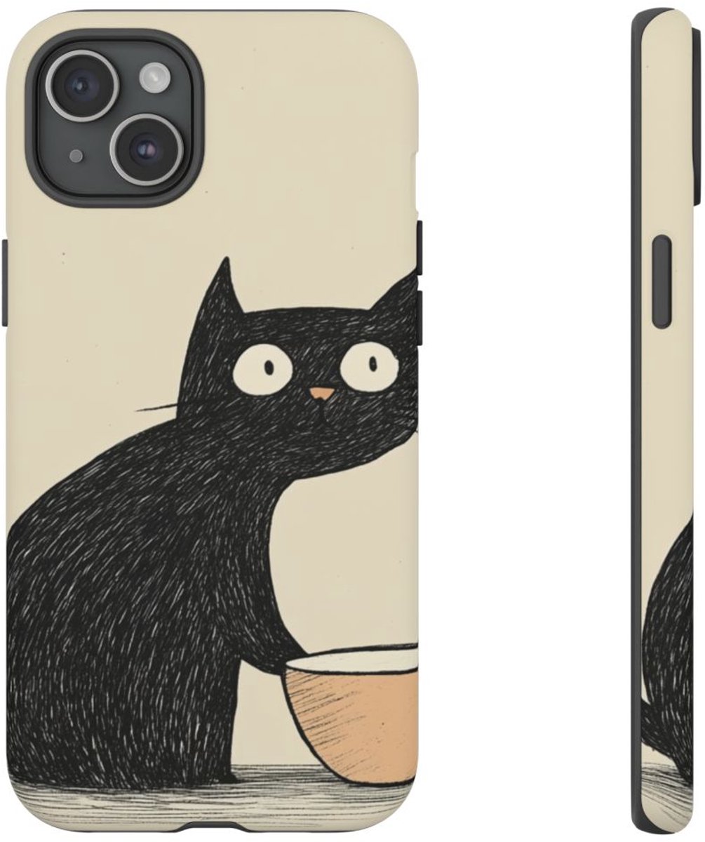 Zwarte Kat met Kom Illustratie – Telefoonhoesje Geschikt voor iPhone 15 Plus