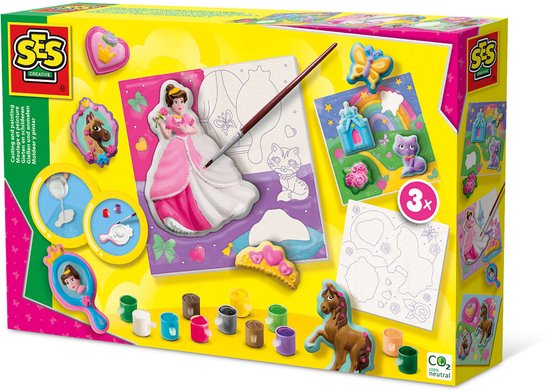 SES - Gieten en schilderen - Canvassen om te schilderen prinsessen 3x - gedetailleerde gietmal - 12 kleuren verf met penseel - knutselen meisjes