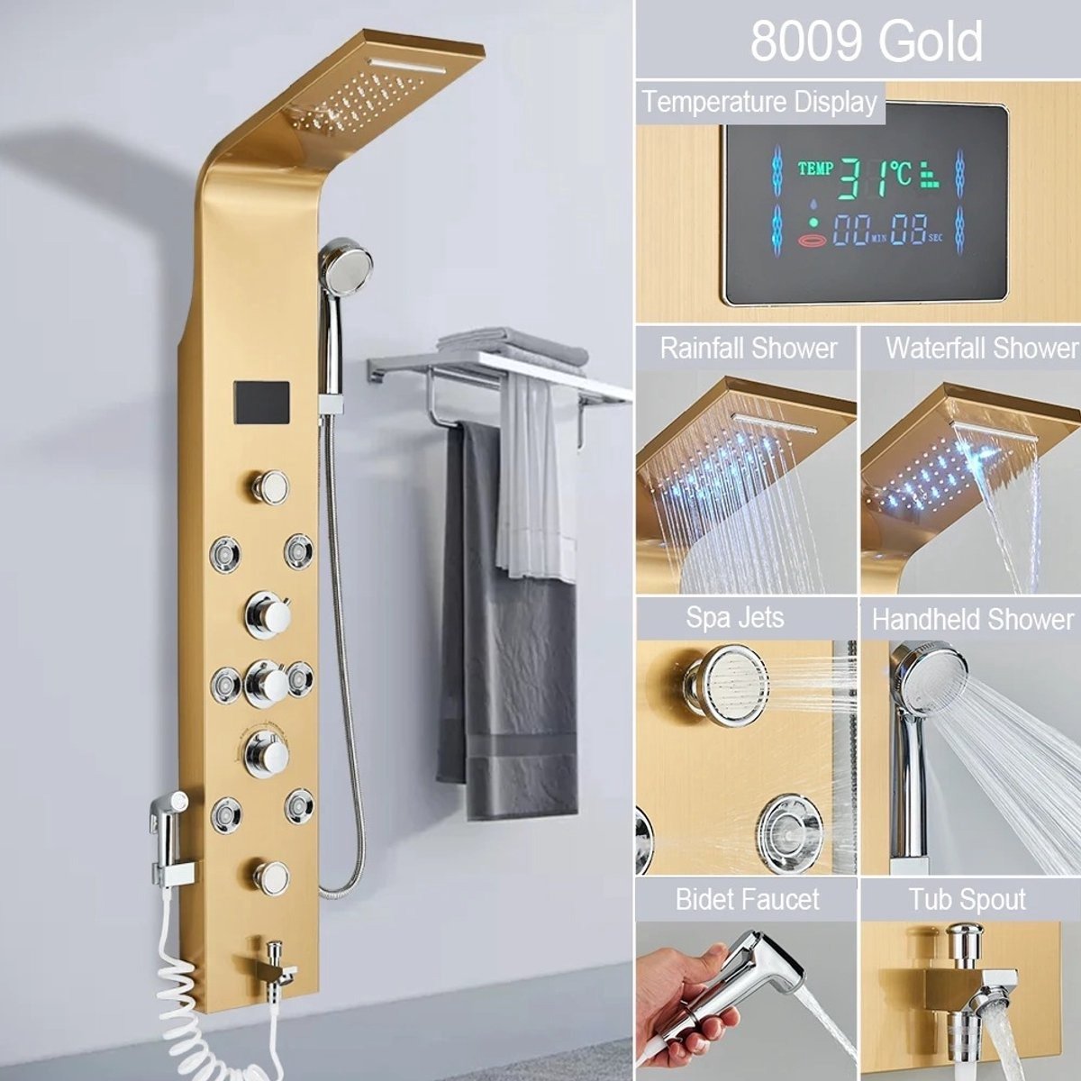 WNHB® Gouden Douchepaneel met Thermostaatkraan - Regendouche Massagejets LED en Digitaal Scherm - Luxe Douchekolom voor Badkamer