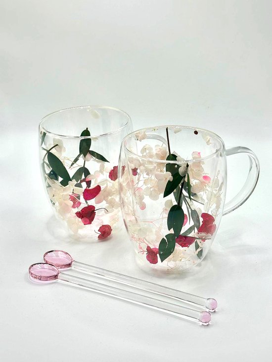 Dubbelwandige glazen mokken gedroogde bloemen, Dubbelwandige glazen koffiekopjes, Dubbelwandige geïsoleerde glazen koffiemokken of theekopjes, Dubbelwandige geïsoleerde glas met handvat voor vriend