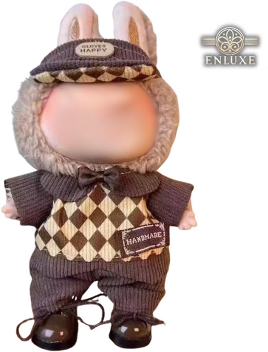 Schattig Geruit Wit/Bruin Truitje Kleding - Met Bruin Petje met Logootje en Bruin Broekje - Cute Outfit Accessoire Geschikt voor Labubu (Pop Niet Inbegrepen) van Merkloos — afbeelding 4