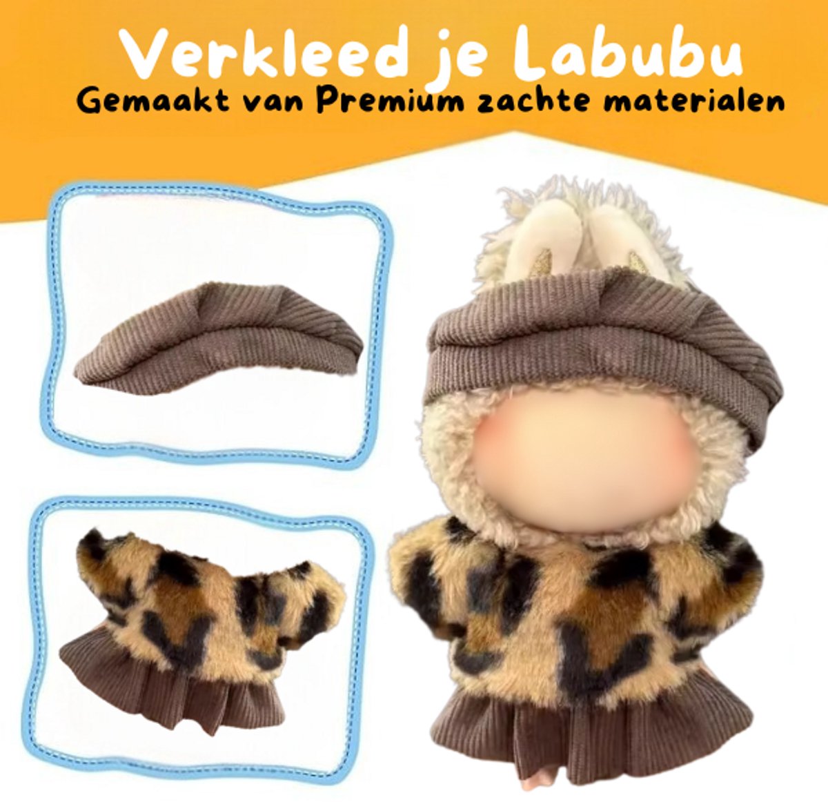 Tijgerprint Truitje Kleding – Met Bruin Rokje en Bruin Mutsje – Stoer & Schattig Outfit Accessoire Geschikt voor Labubu (Pop Niet Inbegrepen)