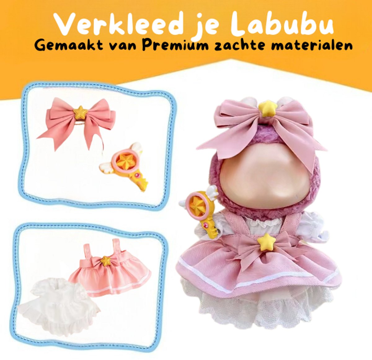 Roze Prinses Jurk Kleding – Met Fairy Stok en Strikje – Magische Cute Outfit Accessoire Geschikt voor Labubu (Pop Niet Inbegrepen)
