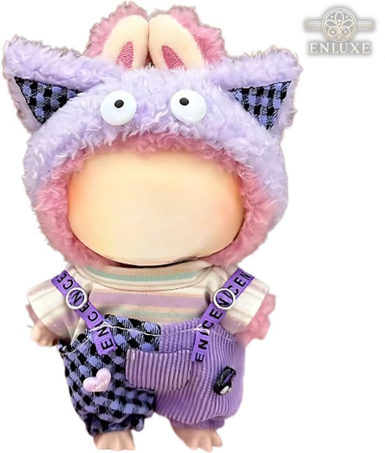 Creepy Hoodie Kleding met Oogjes - Split Boerenpakje Half Bruin Denim & Half Zacht Pluche - Cute & Spooky Outfit Accessoire Geschikt voor Labubu (Pop Niet Inbegrepen) van Merkloos — afbeelding 2