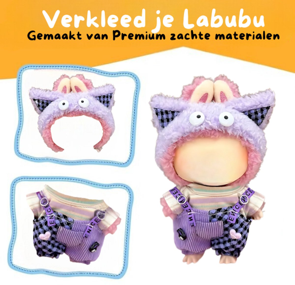 Creepy Hoodie Kleding met Oogjes – Split Boerenpakje Half Bruin Denim & Half Zacht Pluche – Cute & Spooky Outfit Accessoire Geschikt voor Labubu (Pop Niet Inbegrepen)