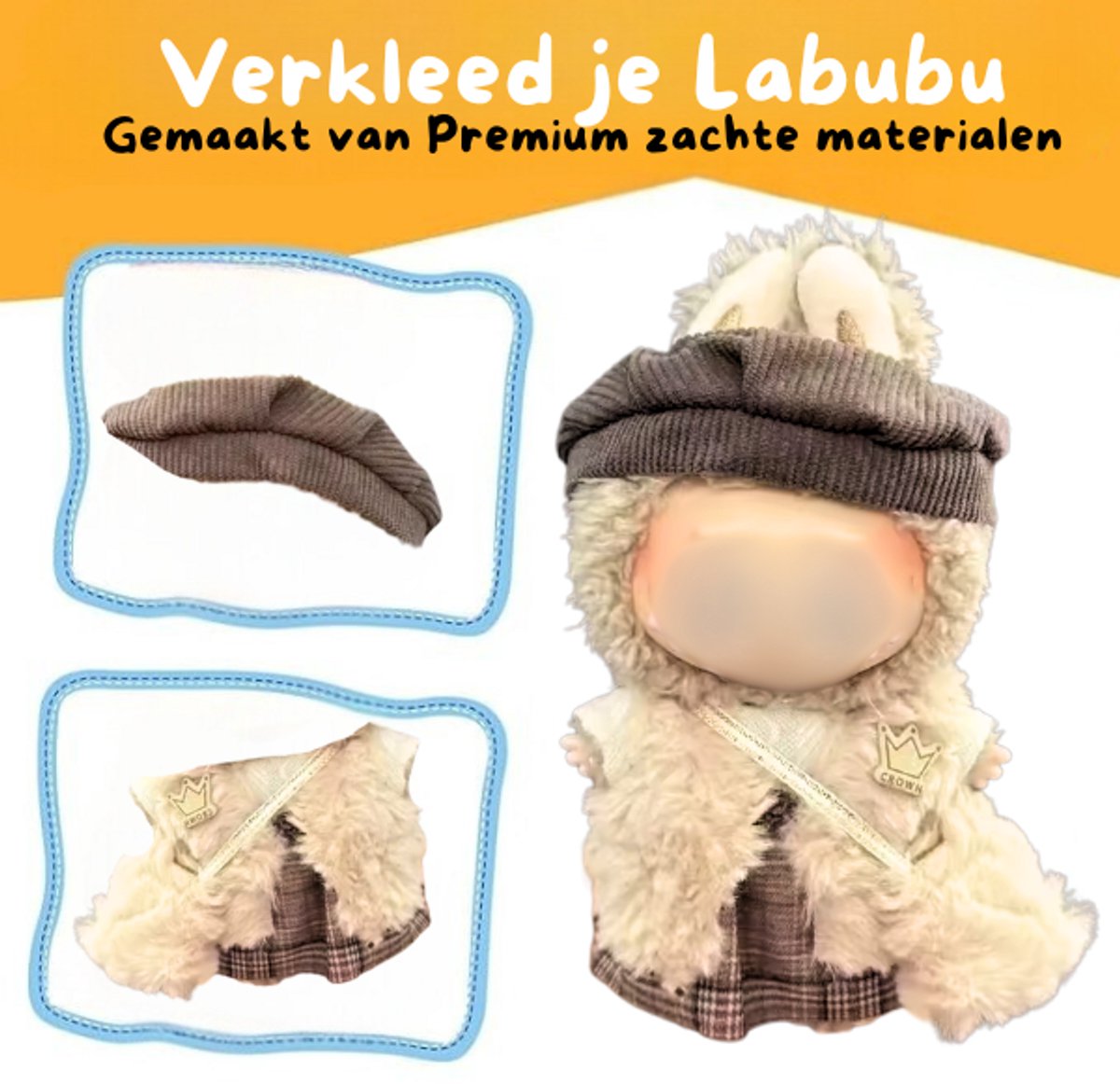 Wollen Truitje Kleding – Met Bruin Geruit Jurkje en Bruin Mutsje – Cozy Cute Outfit Accessoire Geschikt voor Labubu (Pop Niet Inbegrepen)