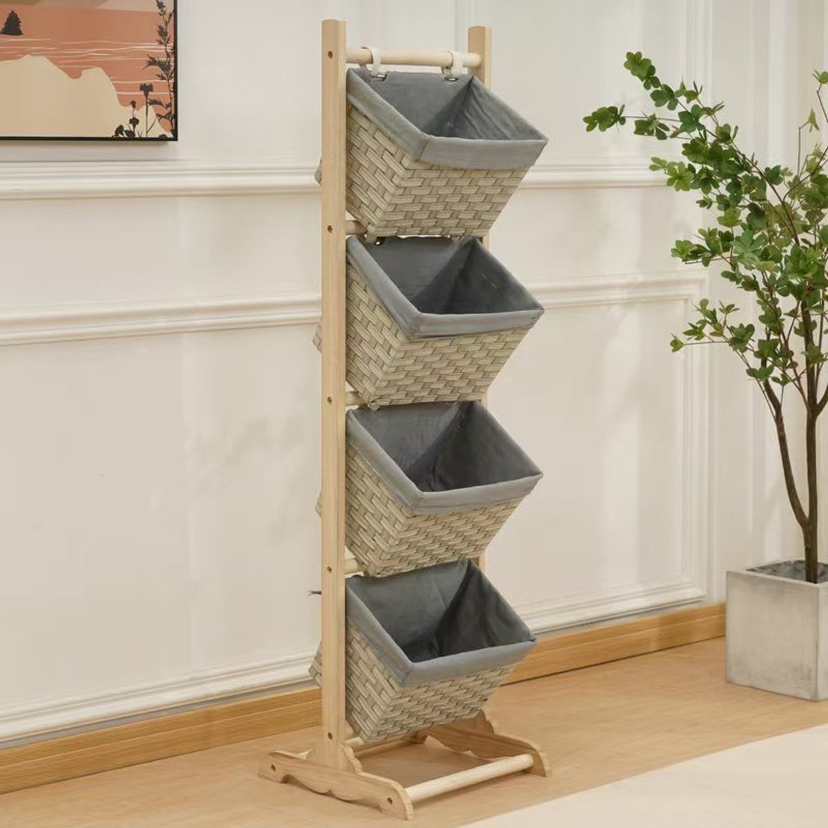 De stijlvolle manden standaard is perfect voor de organiseren van uw huis - Multi – Functioneel - Badkamer - Woonkamer - Logeerkamer - Kinderenkamer - katoen, hout, rotan, kleur Grijs.