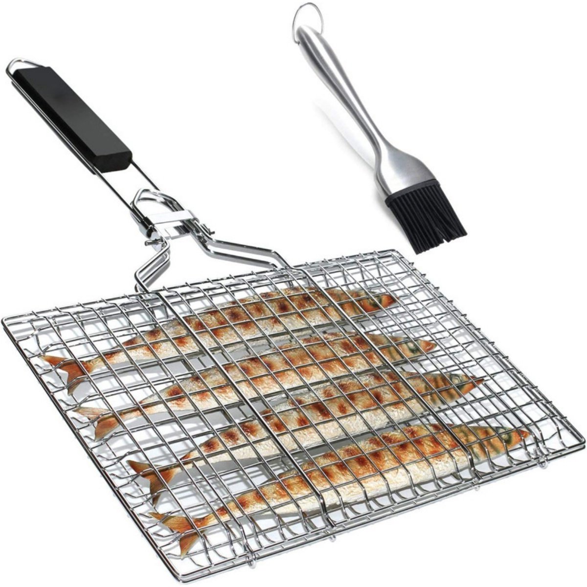 EXCITAT Gegrilde vispan - Klemrooster - Grillpan van roestvrij staal - Grill apparaat - Opvouwbaar, draagbaar, roestvrij - Met Oxford tas en borstel
