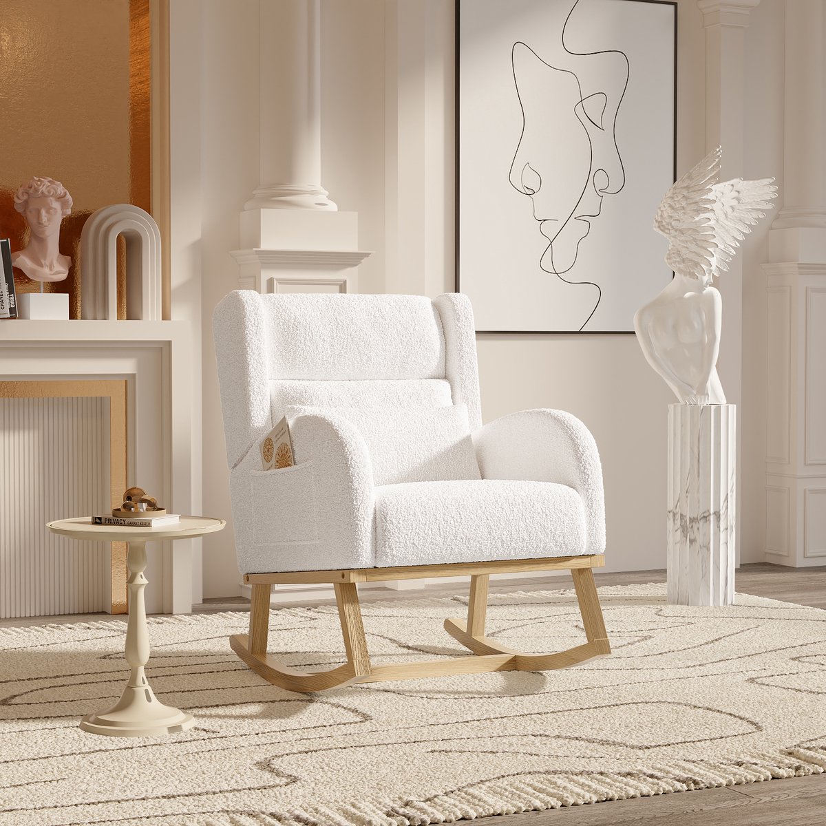 Schommelstoel, relaxstoel, schommelstoel met voetenbankje, voedingsstoel, schommelstoel met teddystof en lendenkussen en 2 zijzakken, comfortabele leesstoel voor in de woonkamer (wit)