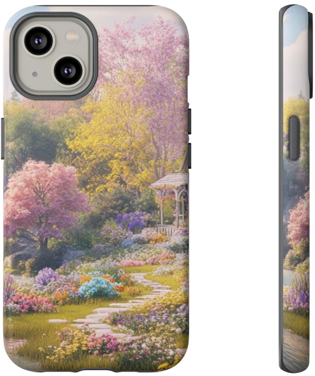 Bloemrijke Tuin met Waterval – Telefoonhoesje Geschikt voor iPhone 14