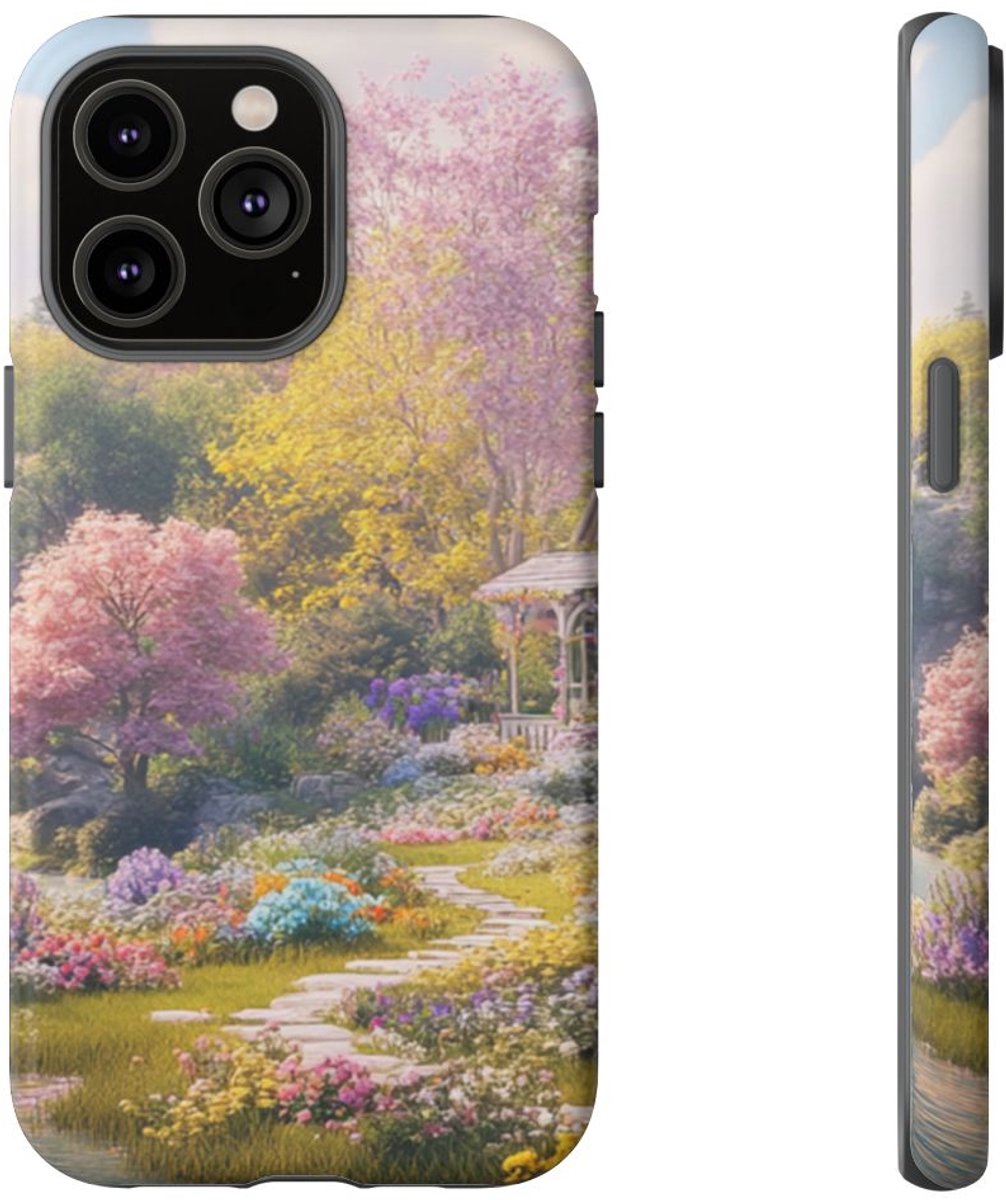 Bloemrijke Tuin met Waterval – Telefoonhoesje Geschikt voor iPhone 14 Pro Max