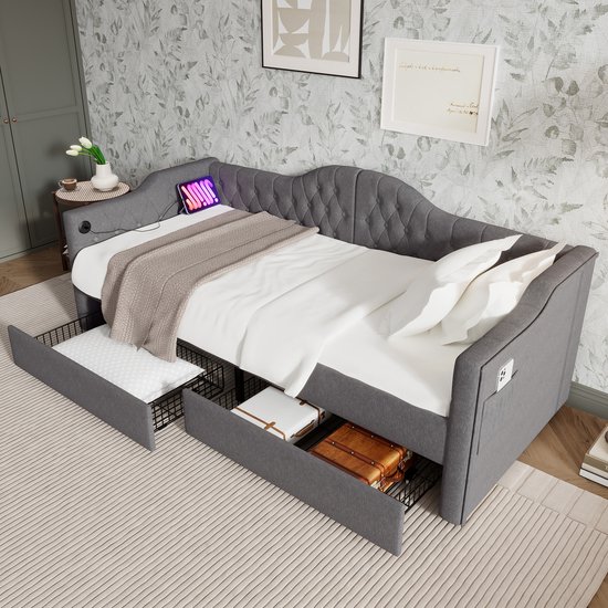 Kinderbed met opbergruimte 90x190cm met lattenbodem - gestoffeerd