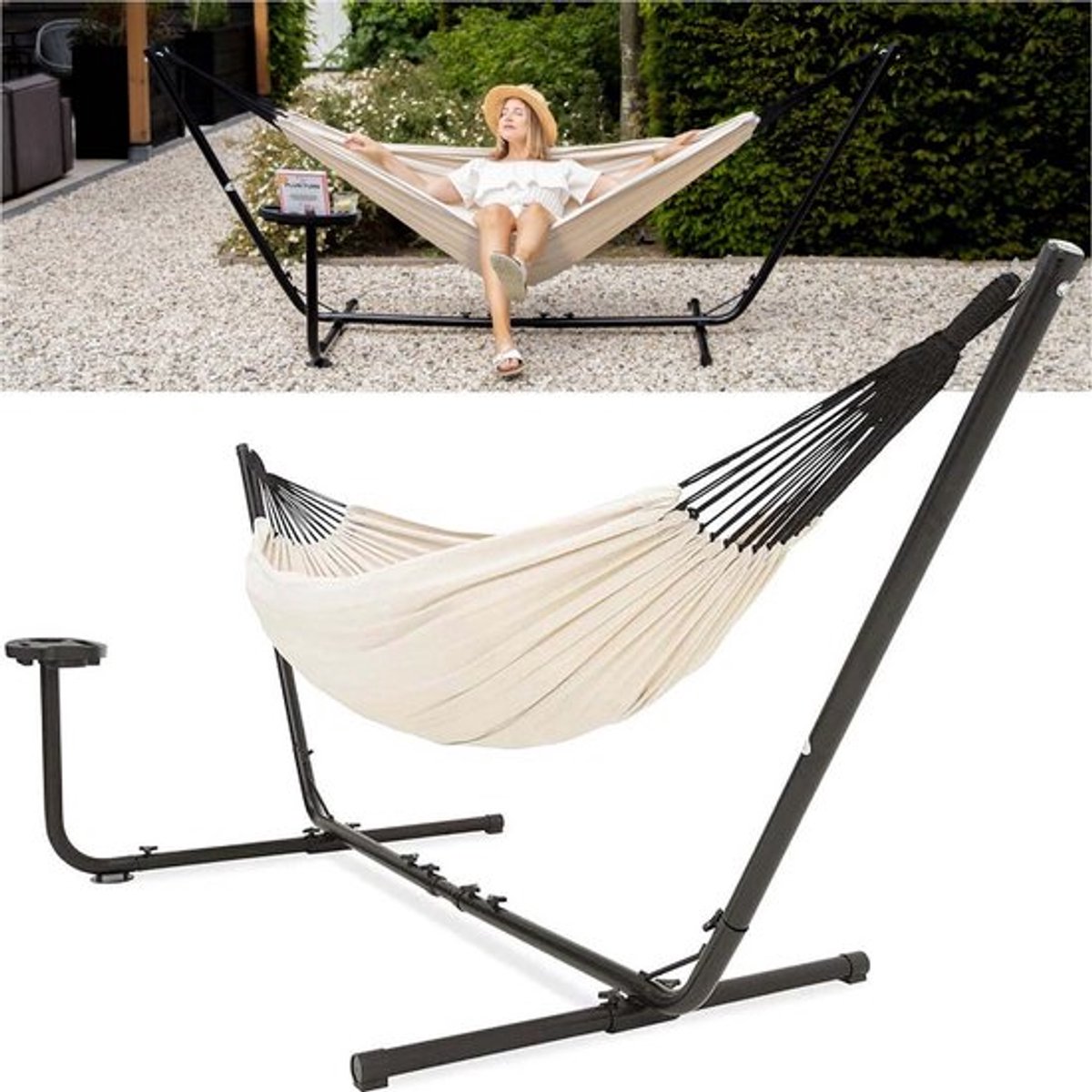 Hamac 2 Personnes AVOID Avec Porte-Gobelet - Gris - Base Acier Incluse - Coton Confortable - Jardin, Terrasse, Intérieur - Charge 175 Kg
