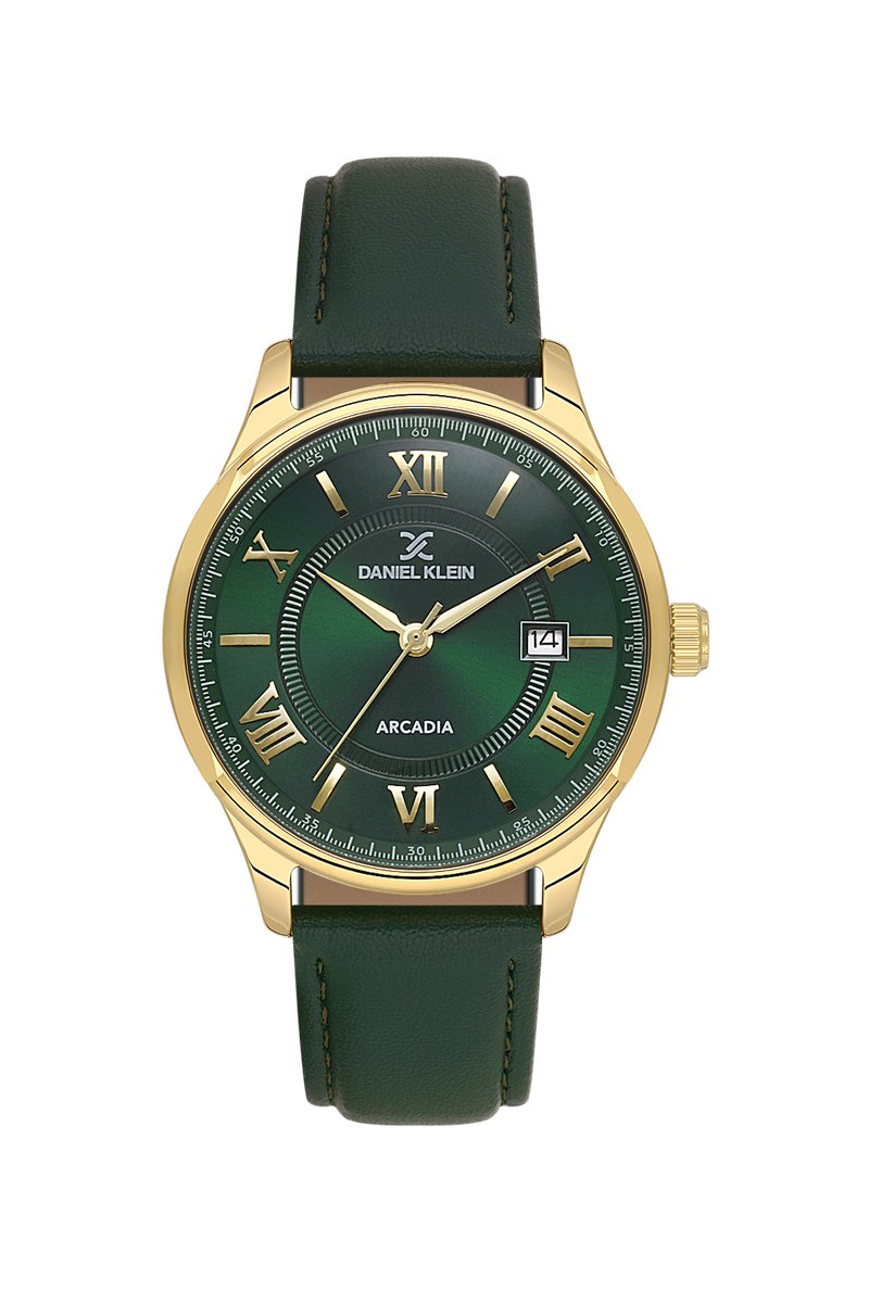 Daniel Klein DK.6.14051-6 - Horloge - Polshorloge - Analoog - Heren - Mannen - Leren band - Metaal - Rond - Romeinse cijfers - Streepjes - Datumaanduiding - Groen- Goudkleurig- Wit
