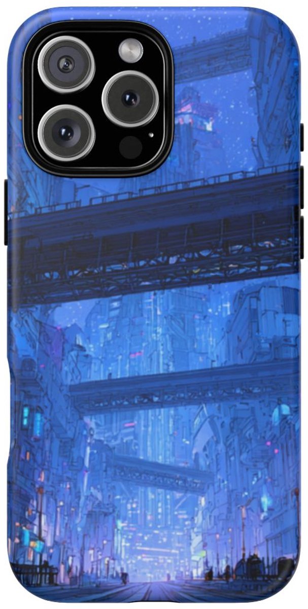 Futuristische Blauwe Stadsstraat – Telefoonhoesje Geschikt voor iPhone 16 Pro Max