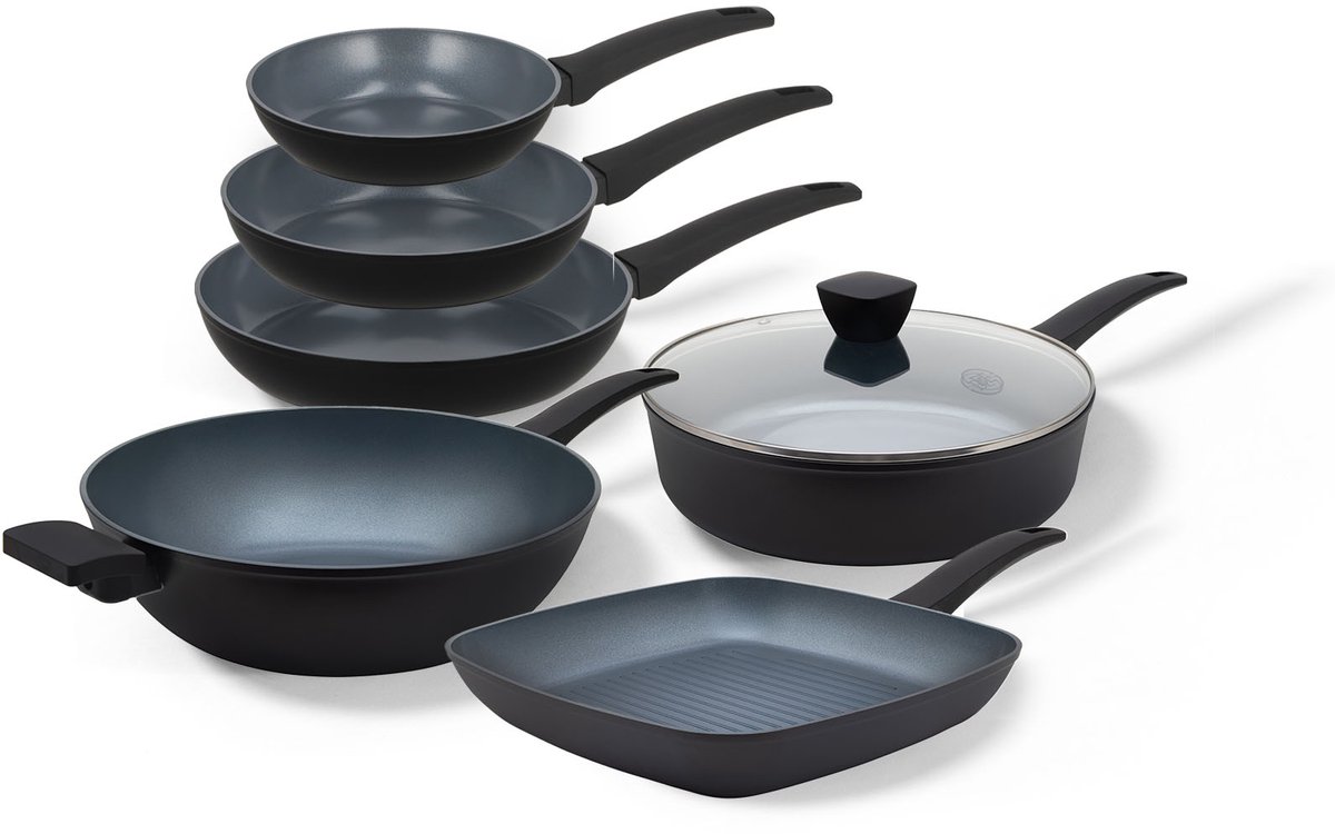 BE Living Pannenset 6-delig - Ø 20, 24 & 28 cm Koekenpannenset + Ø 32 cm Wokpan + Ø 28 cm Hapjespan met deksel + Ø 28 cm Grillpan - Keramisch - Inductie Pannen - PFAS Vrij Anti Aanbak - Delight Series