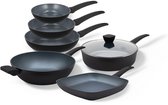 BE Living Pannenset 6-delig - Ø 20, 24 & 28 cm Koekenpannenset + Ø 32 cm Wokpan + Ø 28 cm Hapjespan met deksel + Ø 28 cm Grillpan - Keramisch - Inductie Pannen - PFAS Vrij Anti Aanbak - Delight Series
