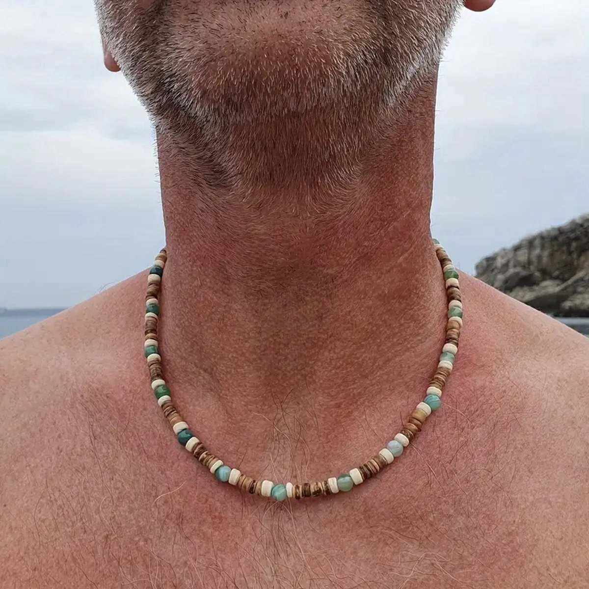 Helin life klassieke heren ketting-Kralen Kettingen - Schakelketting- Natuursteen &Houten kralen- Milieuvriendelijke mode-51cm - Mannen Cadeautjes-Geschenkdoos en wenskaart-zilver