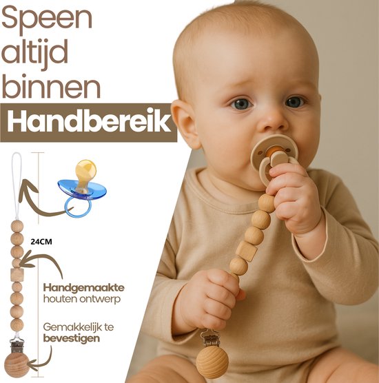 Baby Geschenkset - 3-delige set - Kraamcadeau - babyshower- gender reveal - Unisex baby cadeau - kraamvisite- jongen - meisje - giftset - bijtring - doorkomende tandjes - speenkoord - speenketting - knuffeldoekje - Beige met print van Merkloos — afbeelding 4