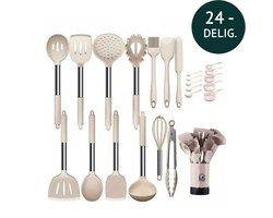 LK HOME Siliconen Keukengerei Set met Houder - Kookgerei 24 delig - BPA & Plastic Vrij - Ophangbaar Crème/ Khaki. LK HOME Siliconen Keukengerei Set met Houder - Kookgerei 24 delig - BPA & Plastic Vrij - Ophangbaar Crème/ Khaki.