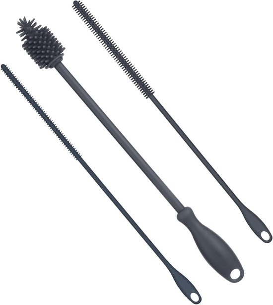 Allecto Plus - Reinigingsset voor Flessen - Stroreiniger en Flessenborstel - Lang Hangende Stroborstel - BPA-vrij - Grijs - Herbruikbare Flessenwasaccessoires