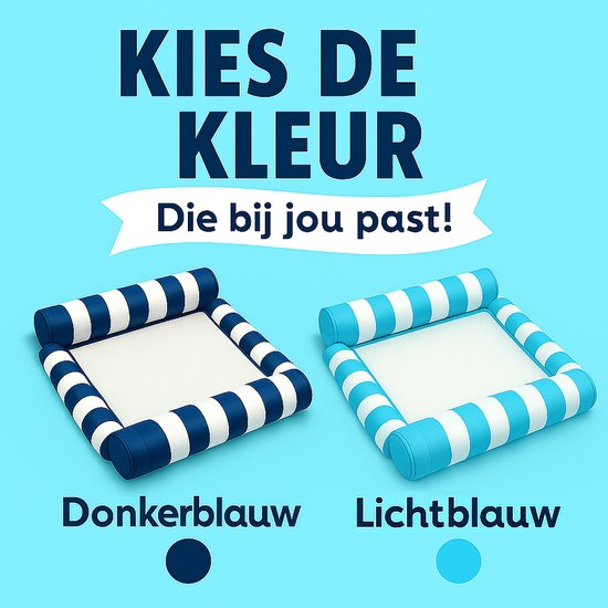 Donkerblauwe en lichtblauwe varianten van een vierkante waterhangmat met blauw-wit gestreepte rand.