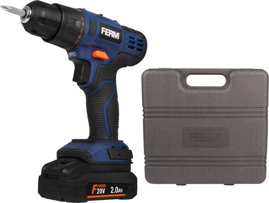 FERM - F-POWER - CDM1158 - Li-Ion Accuboormachine - 20V - 2,0Ah - met accu en lader - in koffer - LED werklicht - 26Nm - 2 snelheden - 17+1 slipkoppelingen - Snelspankop - 10mm - 1300/min - Softgrip - Starter set - voor accu platvorm - F power range