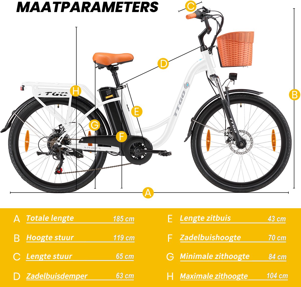 Elektrische Fiets TTGO YY-26ST Wit- 522Wh/15Ah Accu - 75 km Bereik - 250W Motor - Instap Frame - 26 Inch Wielen -Verende voorvork- Shimano 6 Versnellingen - LCD Display - Stadsfiets voor Dames en Heren thumbnail 7