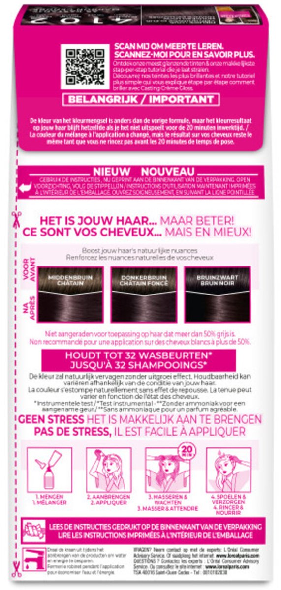 L'Oréal Casting Crème Gloss Semi-Permanente Haarkleuring 4102 Parelmoer Kastanjebruin - 2 x - Voordeelverpakking