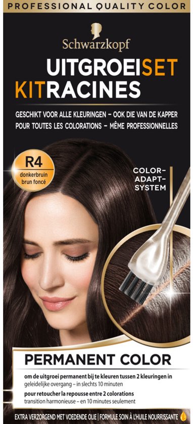 Schwarzkopf uitgroeiset R4 donkerbruin met donkerbruin haarmodel en een kwastje met product.