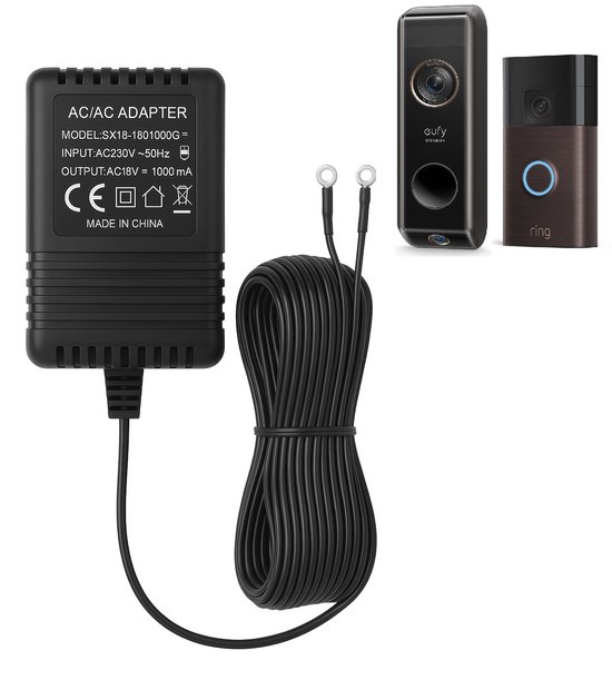 Adapter voor eufy deurbel - Approved by eufy Universele Beltransformator – 18V 1A (18VA) – AC/AC – 8 Meter Kabel – Compatibel met Eufy, Google Nest, Ring, TP-Link Tapo, EZVIZ etc