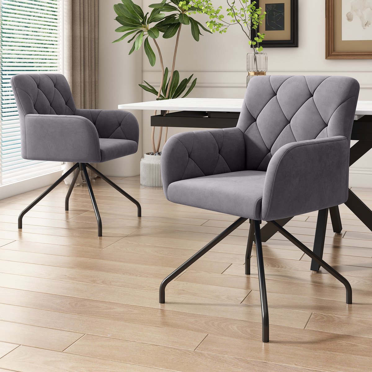 Set van 2 Diamanten Eetkamerstoelen - Gestoffeerde Armstoel - Moderne Loungestoel - Woonkamerstoel voor Slaapkamer - Lendensteun - Donkergrijs