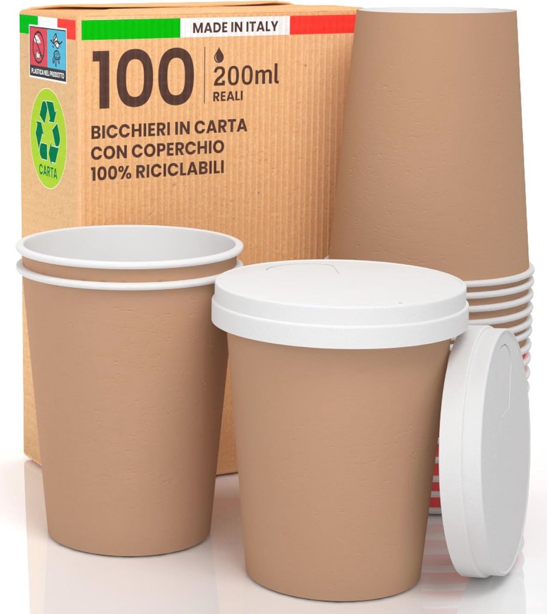 Image of 100 milieuvriendelijke koffiekopjes zonder merk, 200 ml, met papieren deksels, voor warme en koude dranken