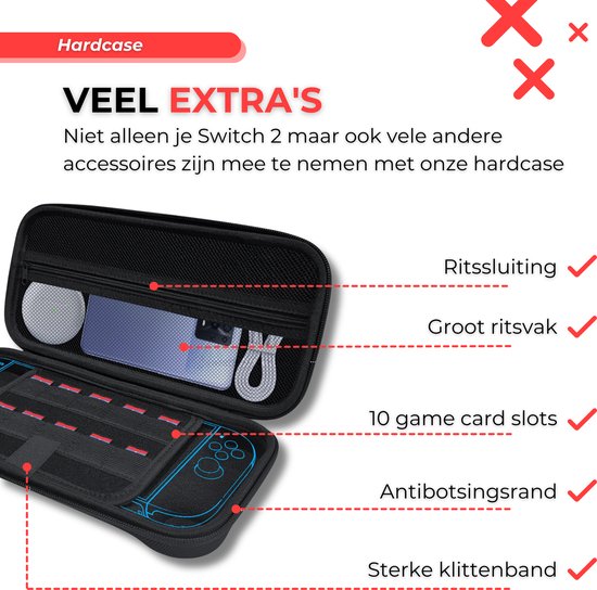 Zwarte hardcase voor Switch 2, met vakken voor spelkaarten, rits, en vakken voor accessoires.