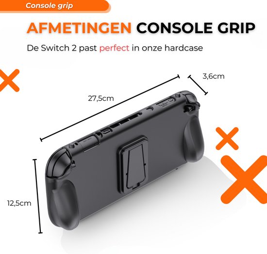 Zwarte console grip met afmetingen 27,5 cm x 12,5 cm x 3,6 cm, voor Nintendo Switch 2.