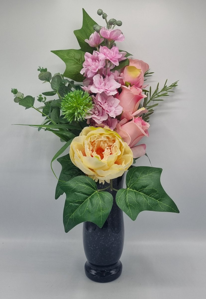Zijdenbloemen - Boeket 08 - 50cm - Pioen - 3 rozen - Ridderspoor - Vaasstuk