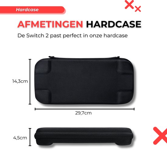 Afmetingen van de zwarte hardcase voor Switch 2: 29,7 cm x 14,3 cm x 4,5 cm.