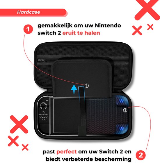 Zwarte hardcase met daarin een Nintendo Switch 2, die gemakkelijk te verwijderen is.