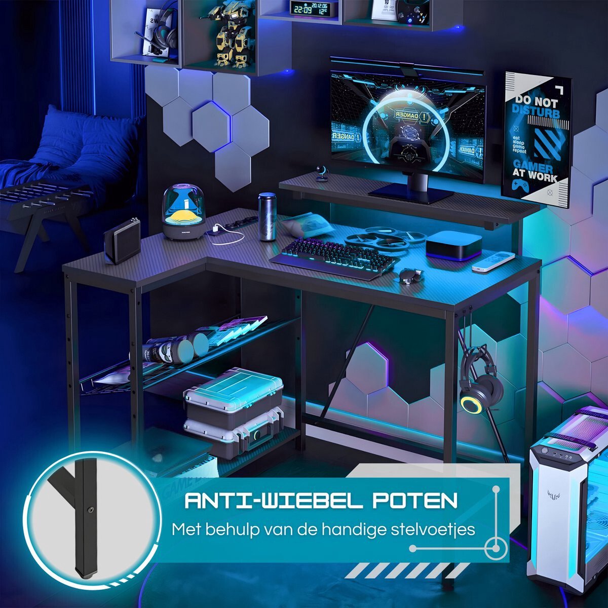 Five Stars® L-Vormig Game Bureau - 107x80x76 cm - Game Bureau met LED verlichting - Zwart Carbon - Hoekbureau - Gaming Desk - Computertafel