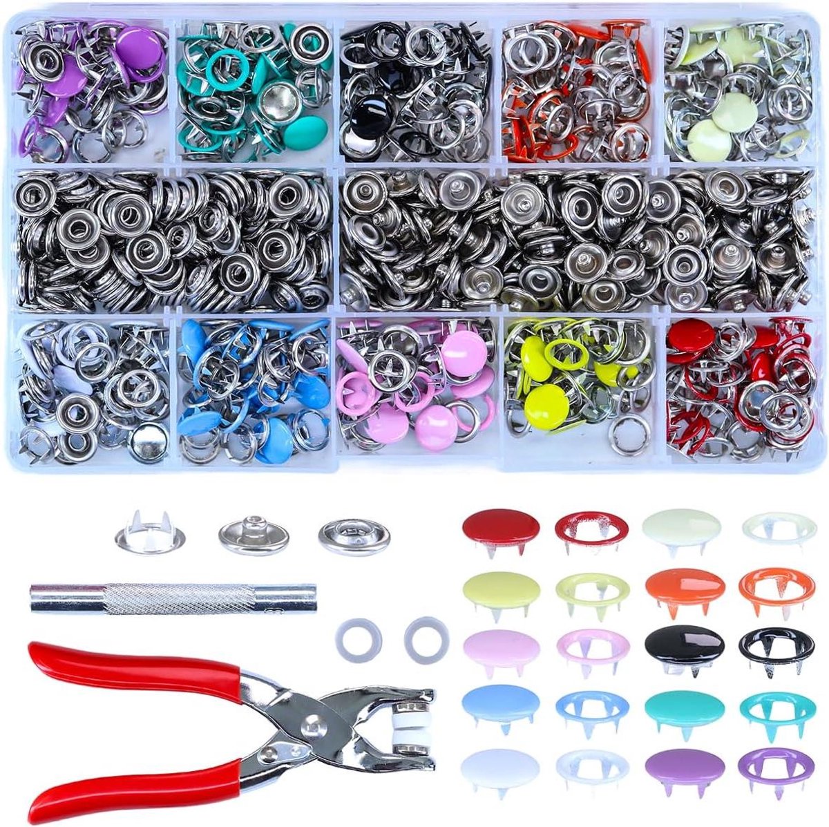 Allecto Plus - Metalen drukknopenset 200-delig in 10 kleuren - tang inclusief - gereedschapset voor DIY kinderkleding en tassen - knutselprojecten - solide tanden - hol design - 70-delige set