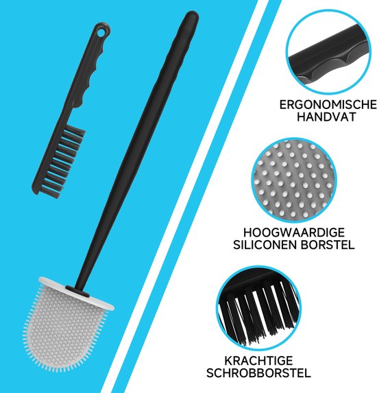Brosse de toilette Lopoleis - brosse de toilette - fond fermé - brosse de toilette avec nettoyeur de bord - Siliconen - Zwart - brosse de toilette avec support - autoportante - suspendue - brosse de toilette et support